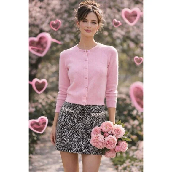 Aqua 100% Cashmere Crewneck Cardigan Cotton Candy Light Pink XS New With Tags - Picture 2 of 15